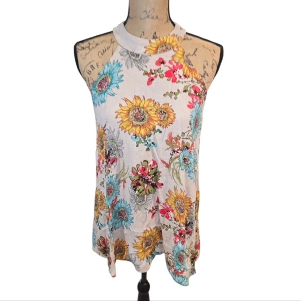 Staccato Floral Print Halter Top Sleeveless Sunflower Bohemian Summer Blouse‎ S